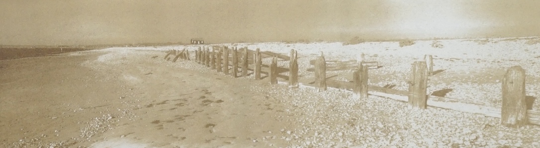 From the Studio of Fred Cuming. Greenhalf & Pollard, monochrome print, Rye Harbour, Vandyke print, signed and dated 2002 in pencil, 14 x 31cm. Condition - fair-good